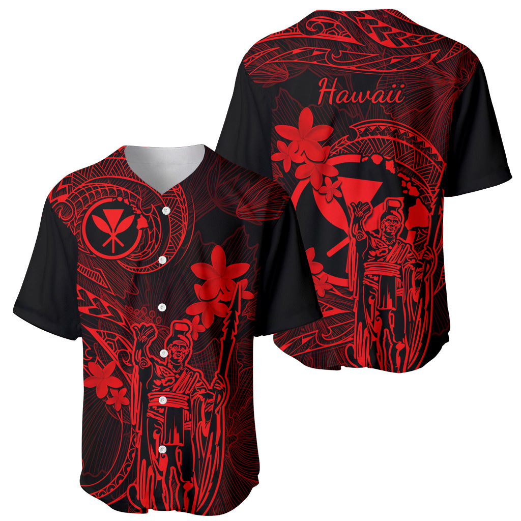 Hawaii Baseball Jersey King Kamehameha Mix Polynesian Plumeria Red Version - Wonder Print Shop