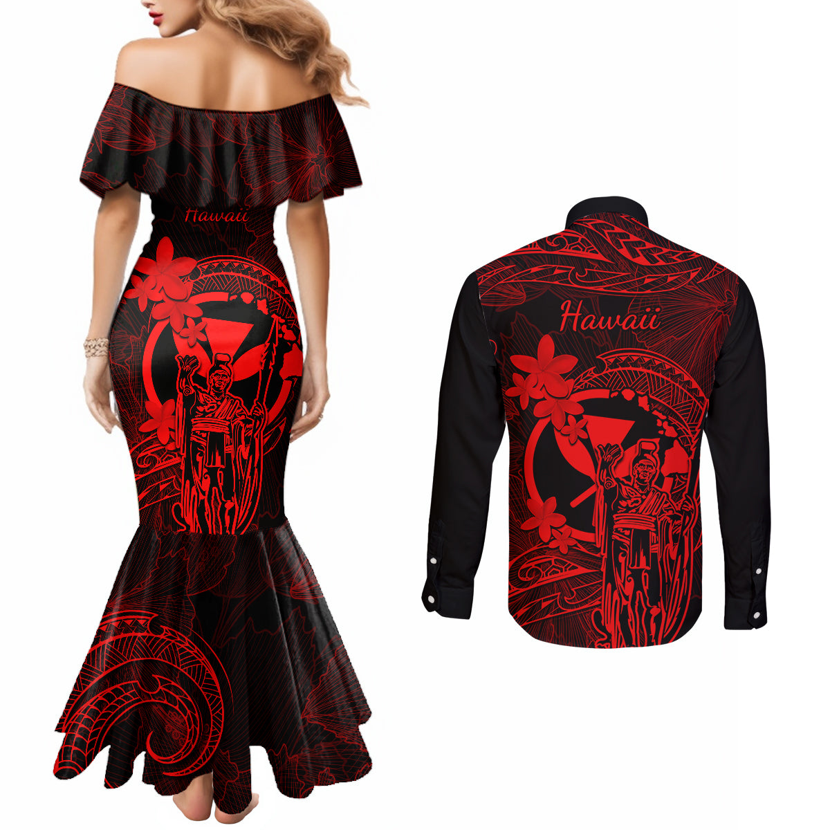 hawaii-couples-matching-mermaid-dress-and-long-sleeve-button-shirts-king-kamehameha-mix-polynesian-plumeria-red-version