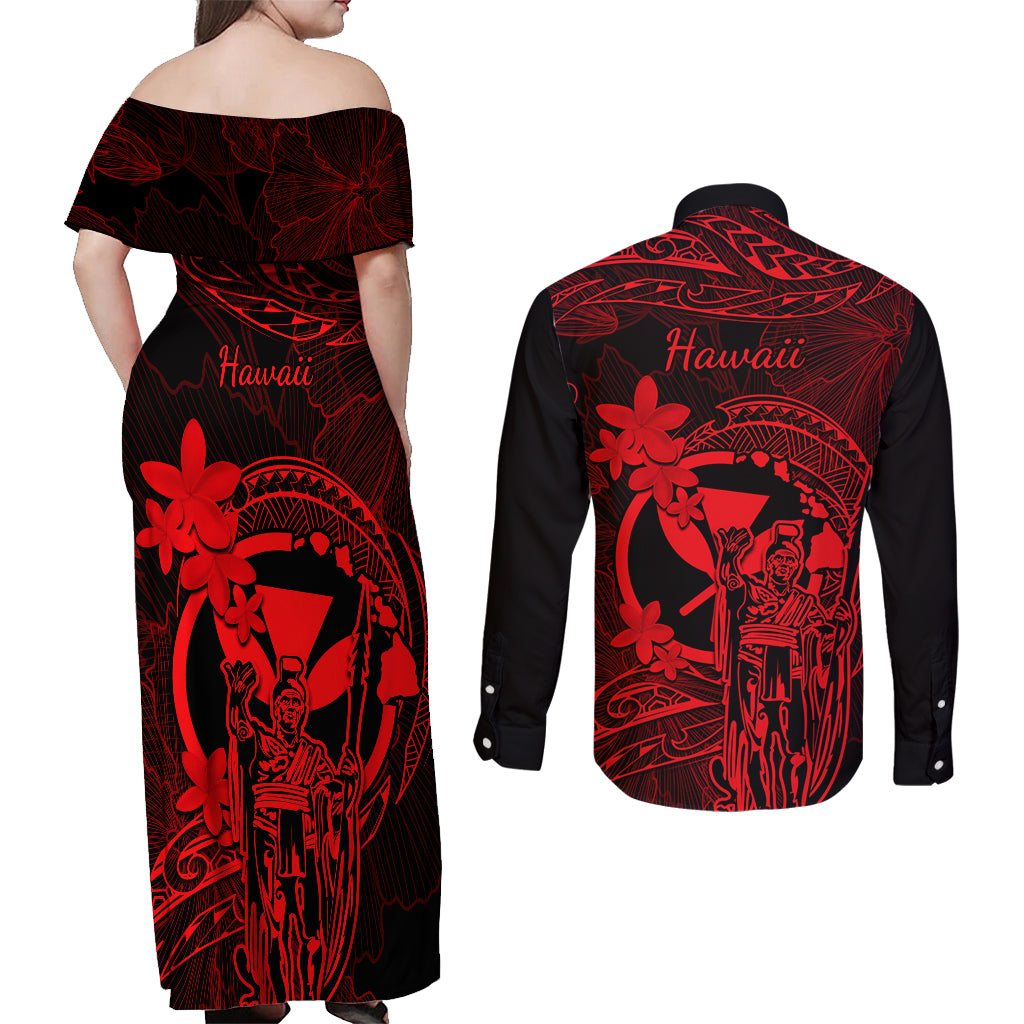 Hawaii Couples Matching Off Shoulder Maxi Dress and Long Sleeve Button Shirts King Kamehameha Mix Polynesian Plumeria Red Version - Wonder Print Shop