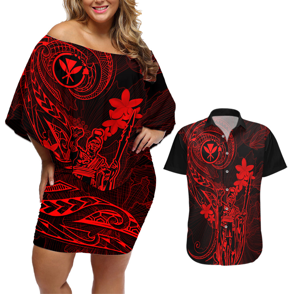 Hawaii Couples Matching Off Shoulder Short Dress and Hawaiian Shirt King Kamehameha Mix Polynesian Plumeria Red Version - Wonder Print Shop