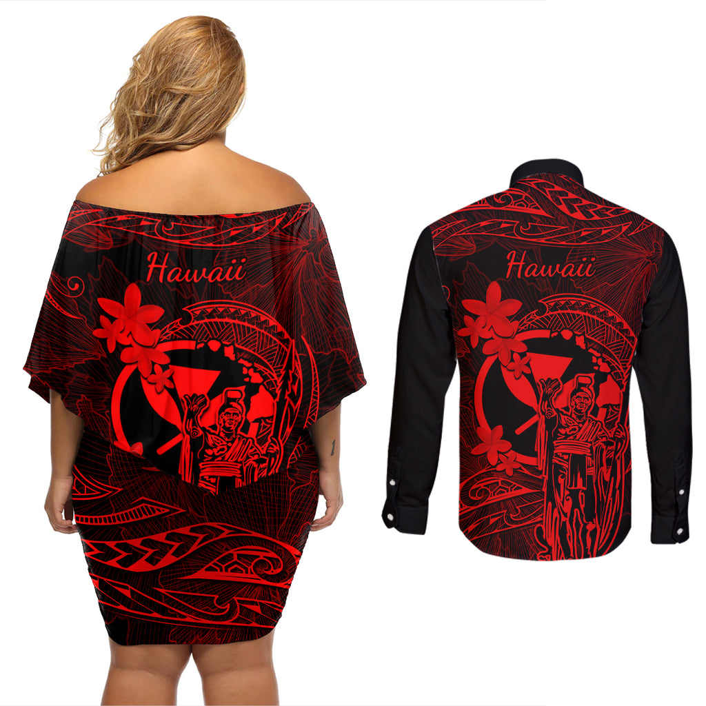 Hawaii Couples Matching Off Shoulder Short Dress and Long Sleeve Button Shirts King Kamehameha Mix Polynesian Plumeria Red Version - Wonder Print Shop