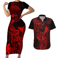 Hawaii Couples Matching Short Sleeve Bodycon Dress and Hawaiian Shirt King Kamehameha Mix Polynesian Plumeria Red Version - Wonder Print Shop