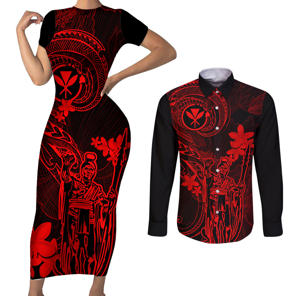 Hawaii Couples Matching Short Sleeve Bodycon Dress and Long Sleeve Button Shirts King Kamehameha Mix Polynesian Plumeria Red Version - Wonder Print Shop