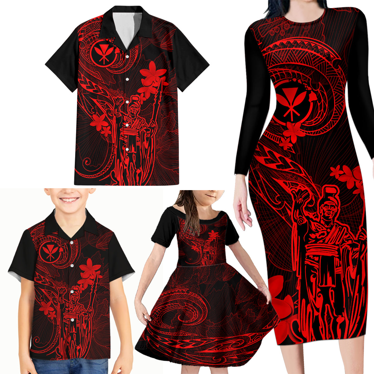 Hawaii Family Matching Long Sleeve Bodycon Dress and Hawaiian Shirt King Kamehameha Mix Polynesian Plumeria Red Version - Wonder Print Shop