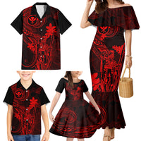 Hawaii Family Matching Mermaid Dress and Hawaiian Shirt King Kamehameha Mix Polynesian Plumeria Red Version - Wonder Print Shop