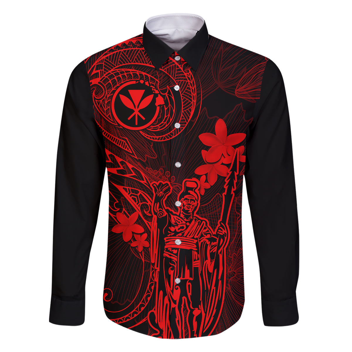 Hawaii Family Matching Off Shoulder Long Sleeve Dress and Hawaiian Shirt King Kamehameha Mix Polynesian Plumeria Red Version - Wonder Print Shop