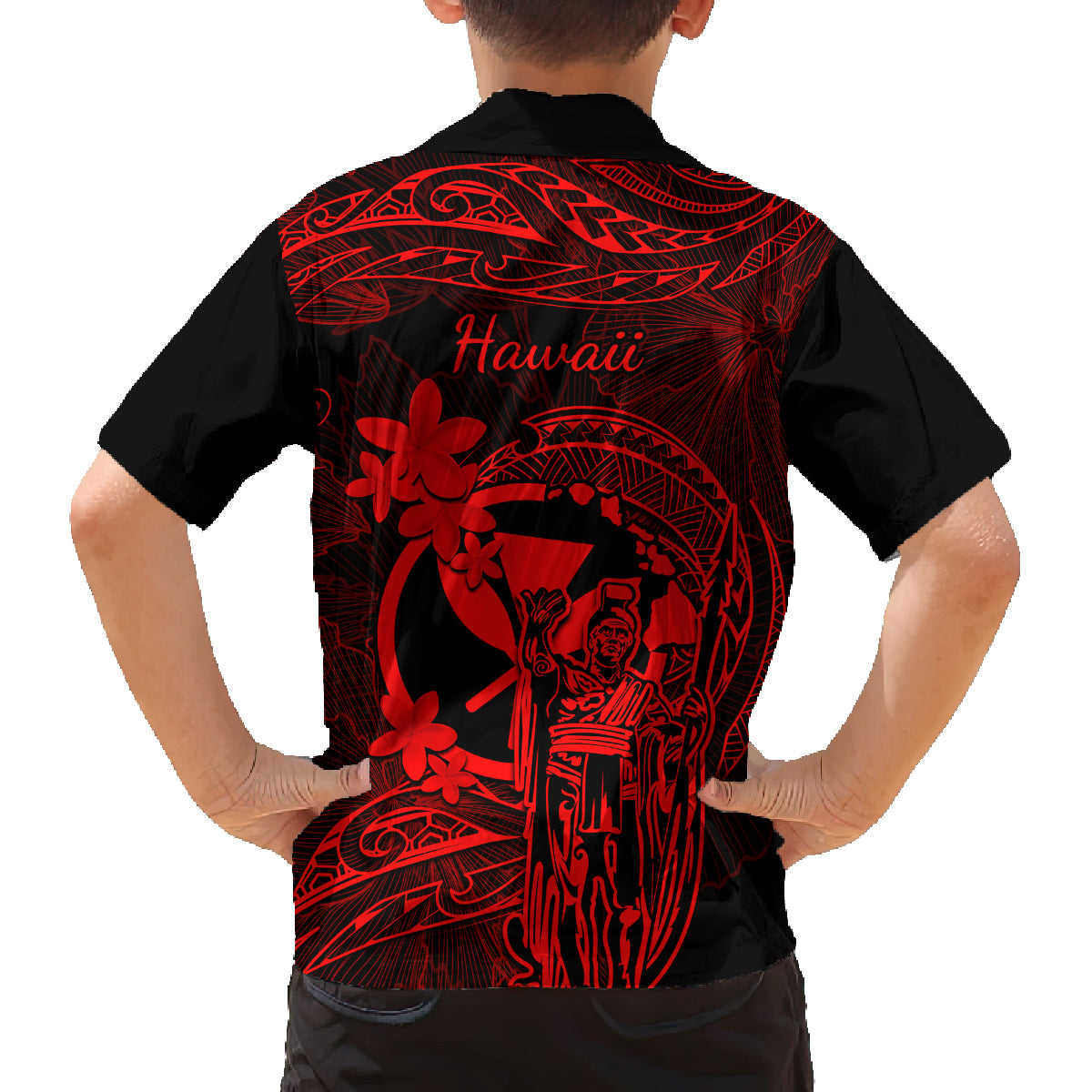 Hawaii Family Matching Off Shoulder Maxi Dress and Hawaiian Shirt King Kamehameha Mix Polynesian Plumeria Red Version - Wonder Print Shop