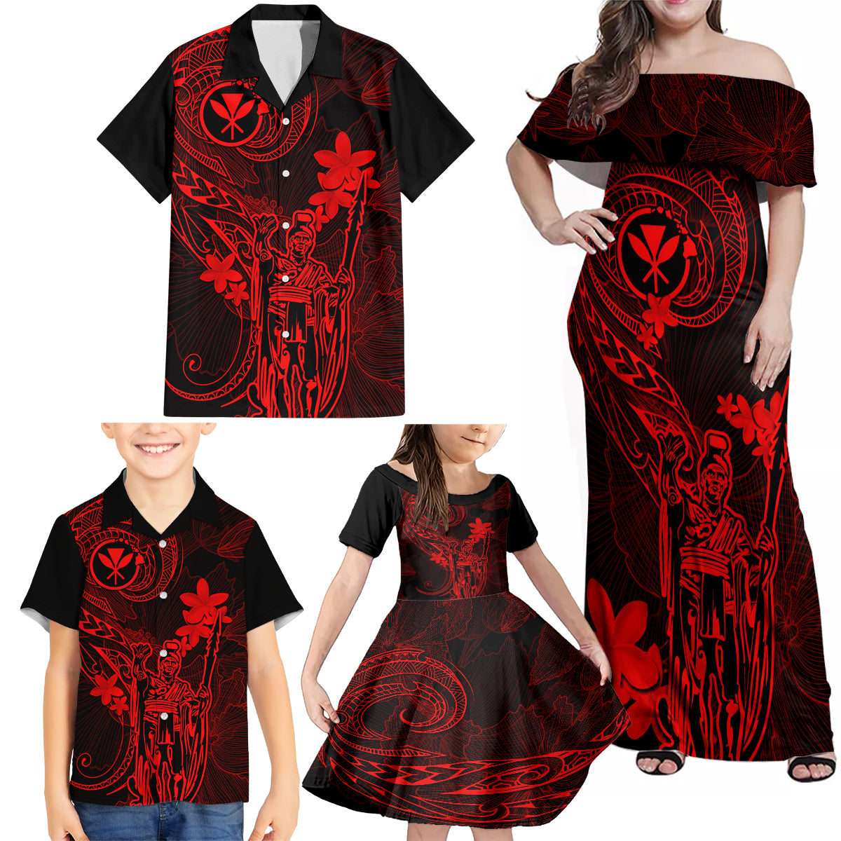 Hawaii Family Matching Off Shoulder Maxi Dress and Hawaiian Shirt King Kamehameha Mix Polynesian Plumeria Red Version - Wonder Print Shop