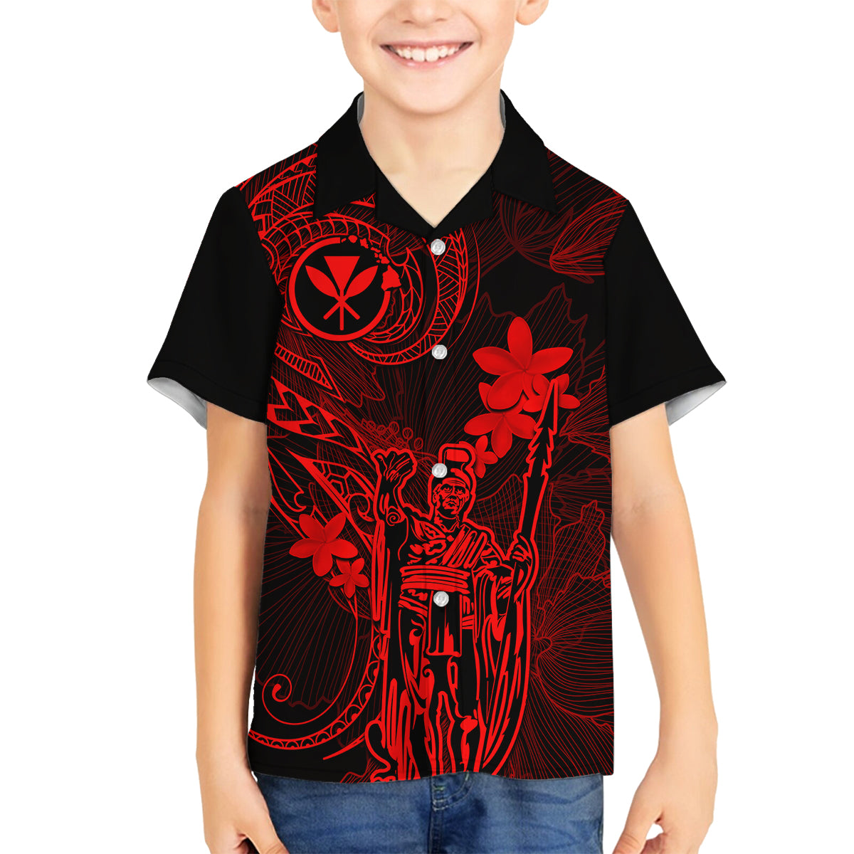 Hawaii Family Matching Off Shoulder Short Dress and Hawaiian Shirt King Kamehameha Mix Polynesian Plumeria Red Version - Wonder Print Shop