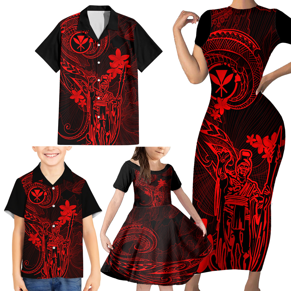 Hawaii Family Matching Short Sleeve Bodycon Dress and Hawaiian Shirt King Kamehameha Mix Polynesian Plumeria Red Version - Wonder Print Shop