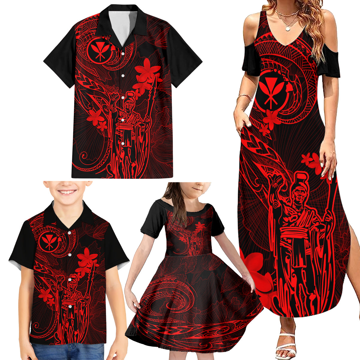 Hawaii Family Matching Summer Maxi Dress and Hawaiian Shirt King Kamehameha Mix Polynesian Plumeria Red Version - Wonder Print Shop