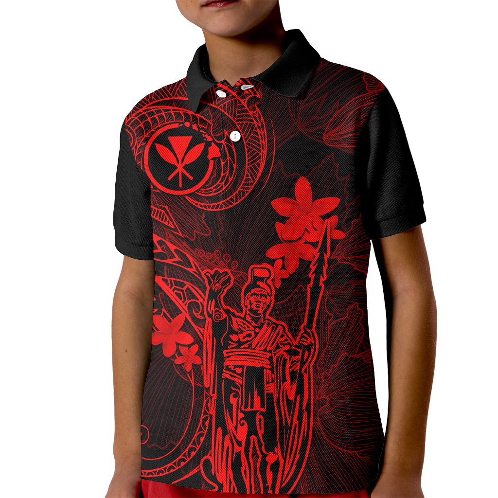 Hawaii Kid Polo Shirt King Kamehameha Mix Polynesian Plumeria Red Version - Wonder Print Shop