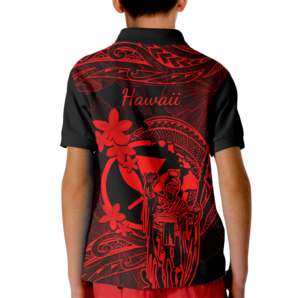 Hawaii Kid Polo Shirt King Kamehameha Mix Polynesian Plumeria Red Version - Wonder Print Shop