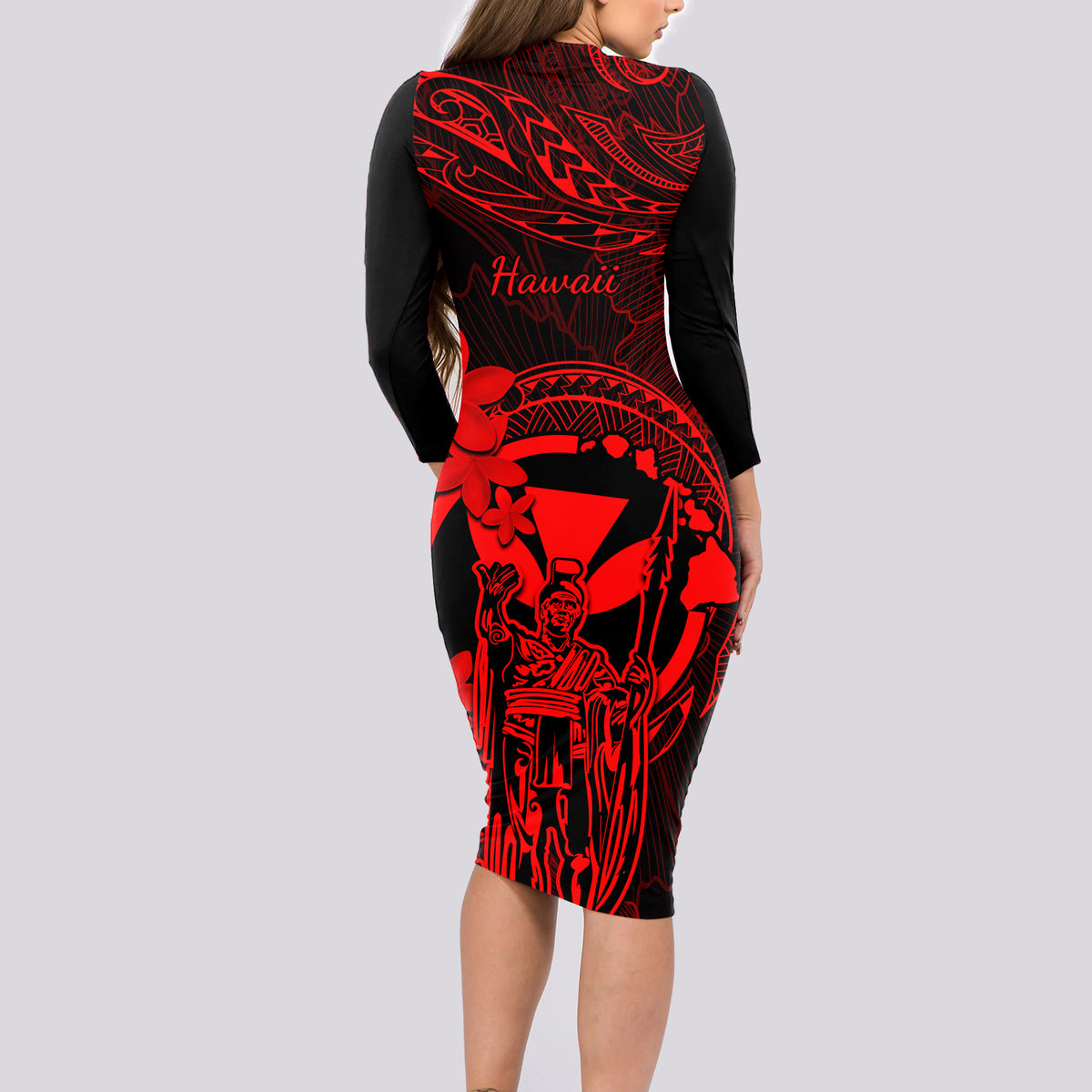 Hawaii Long Sleeve Bodycon Dress King Kamehameha Mix Polynesian Plumeria Red Version - Wonder Print Shop
