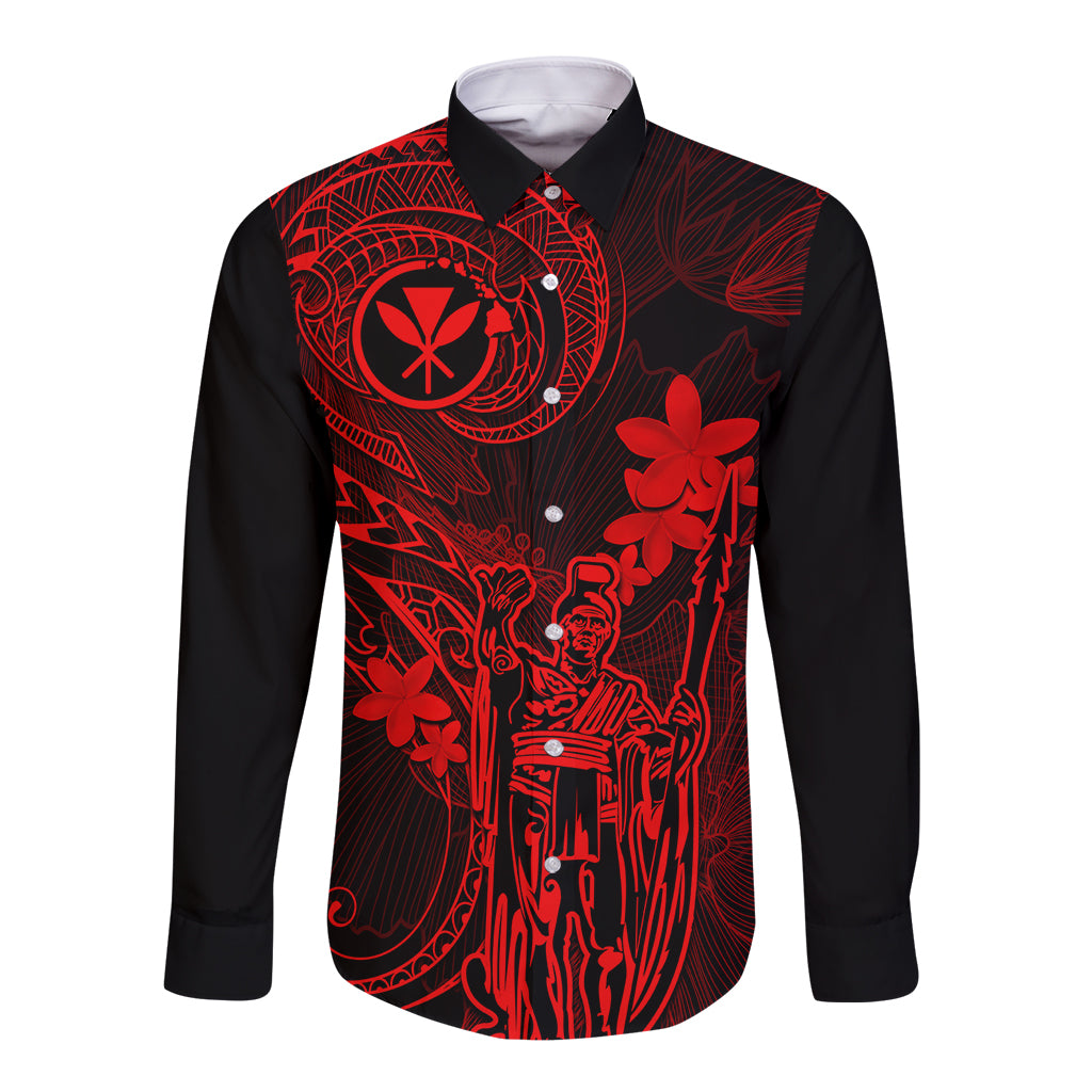 Hawaii Long Sleeve Button Shirt King Kamehameha Mix Polynesian Plumeria Red Version - Wonder Print Shop