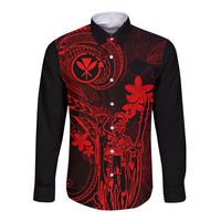 Hawaii Long Sleeve Button Shirt King Kamehameha Mix Polynesian Plumeria Red Version - Wonder Print Shop