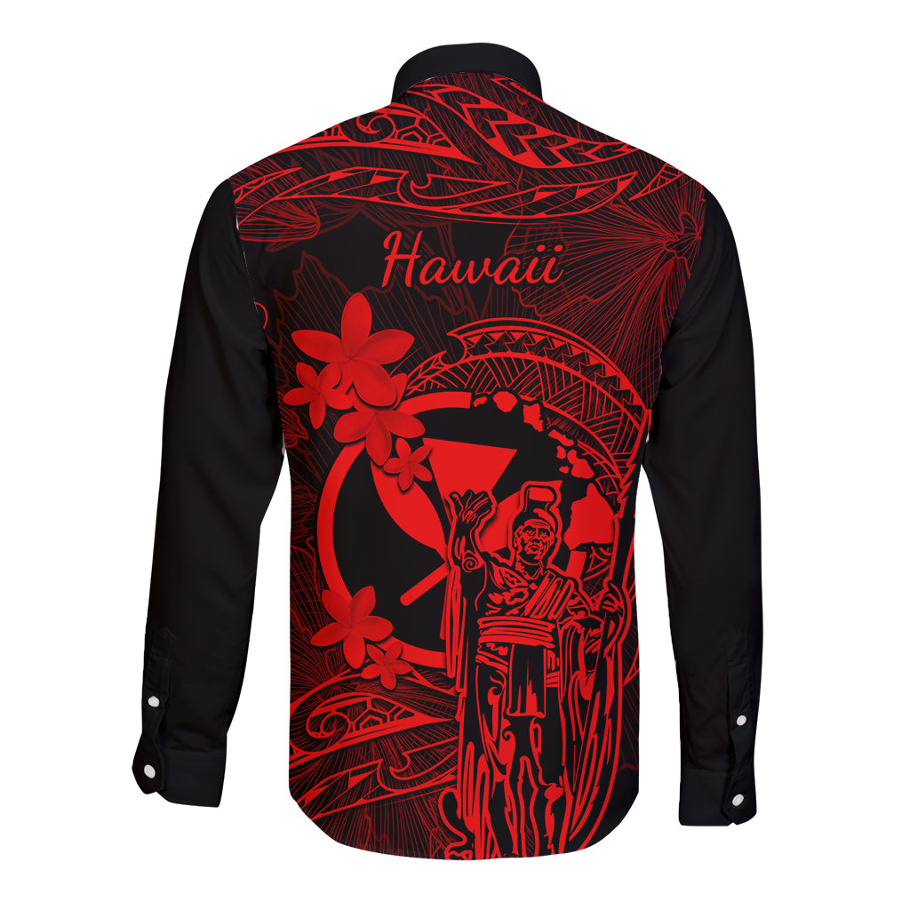 Hawaii Long Sleeve Button Shirt King Kamehameha Mix Polynesian Plumeria Red Version - Wonder Print Shop