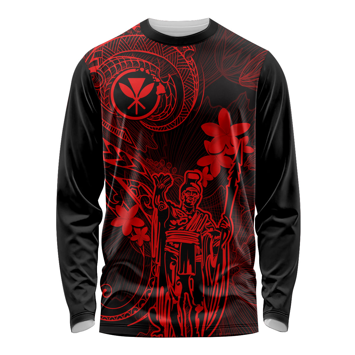 Hawaii Long Sleeve Shirt King Kamehameha Mix Polynesian Plumeria Red Version - Wonder Print Shop