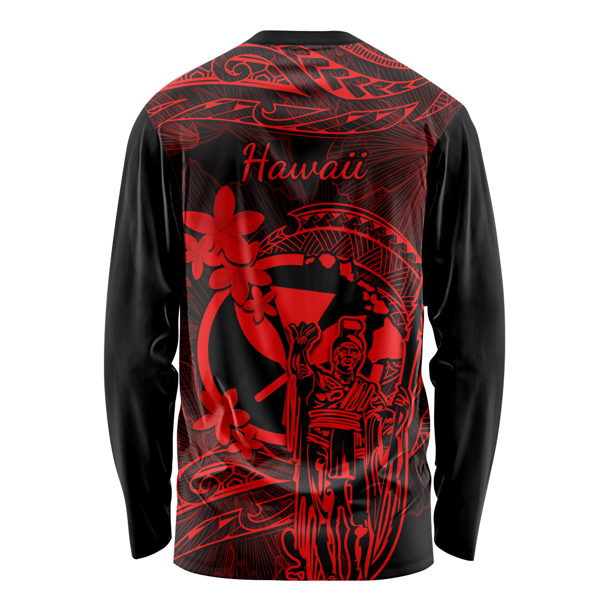 Hawaii Long Sleeve Shirt King Kamehameha Mix Polynesian Plumeria Red Version - Wonder Print Shop