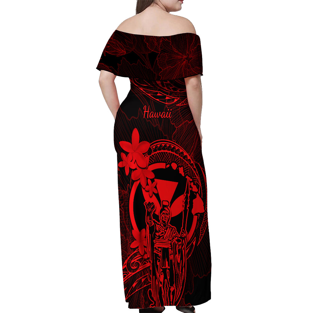 Hawaii Off Shoulder Maxi Dress King Kamehameha Mix Polynesian Plumeria Red Version - Wonder Print Shop