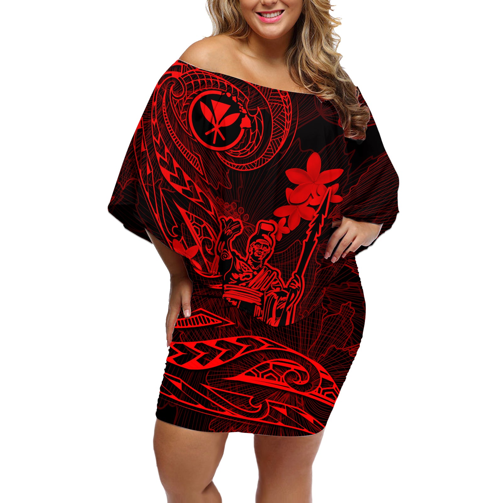 Hawaii Off Shoulder Short Dress King Kamehameha Mix Polynesian Plumeria Red Version - Wonder Print Shop