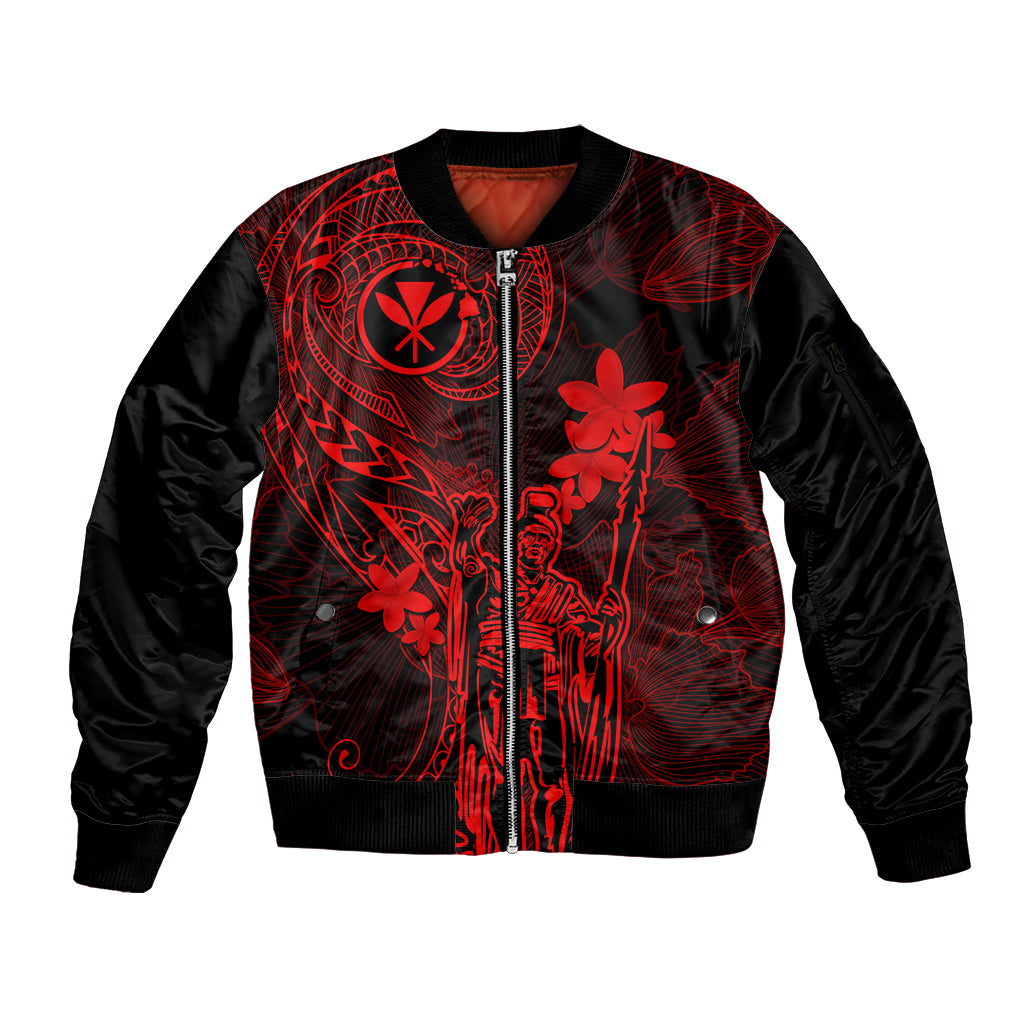 Hawaii Sleeve Zip Bomber Jacket King Kamehameha Mix Polynesian Plumeria Red Version - Wonder Print Shop