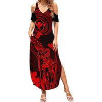 Hawaii Summer Maxi Dress King Kamehameha Mix Polynesian Plumeria Red Version - Wonder Print Shop