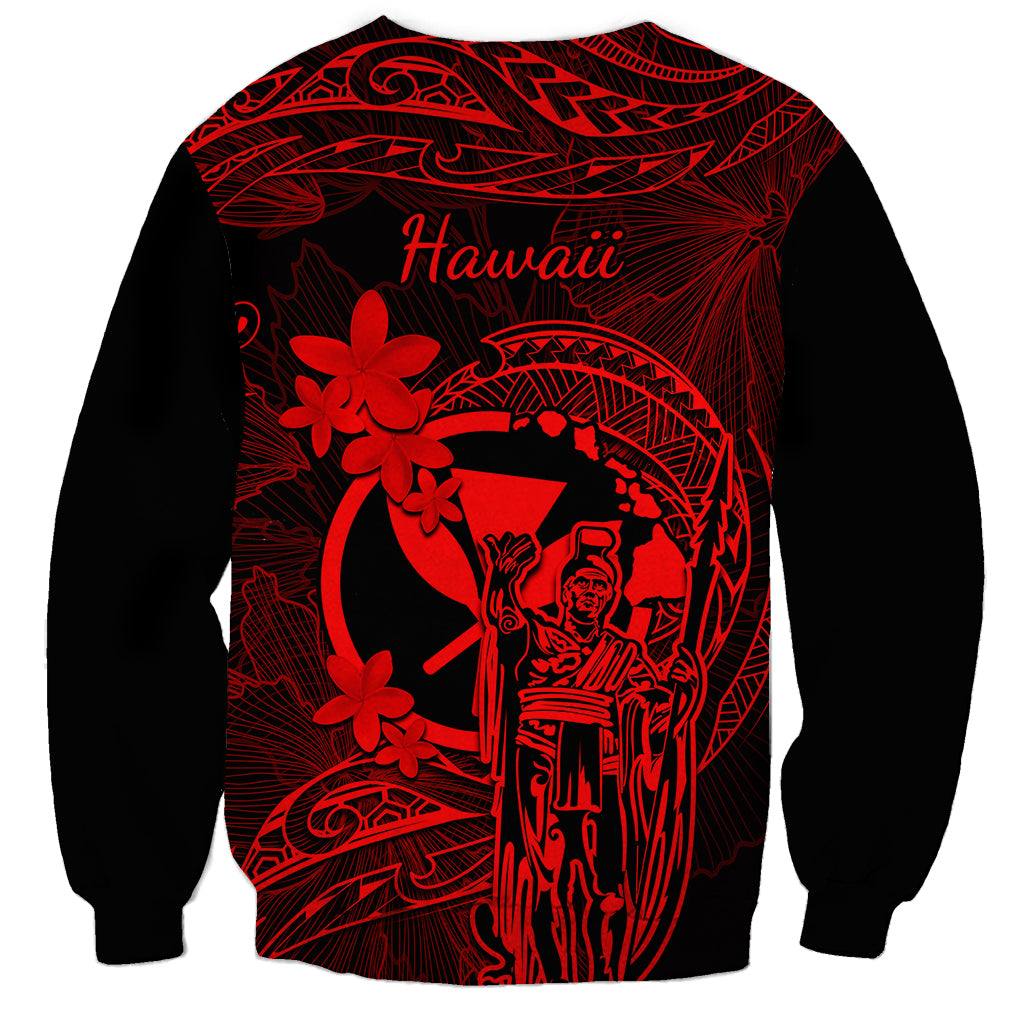 Hawaii Sweatshirt King Kamehameha Mix Polynesian Plumeria Red Version - Wonder Print Shop