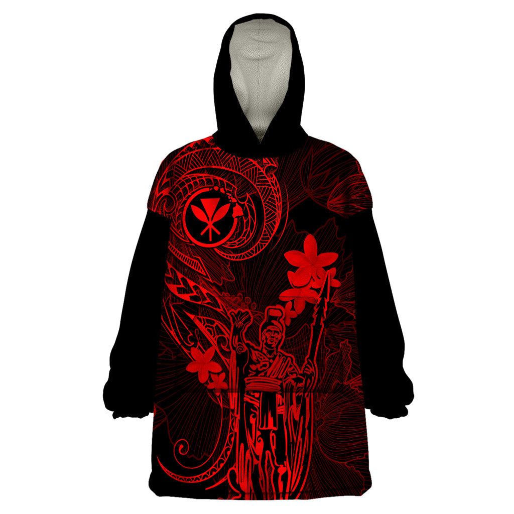 Hawaii Wearable Blanket Hoodie King Kamehameha Mix Polynesian Plumeria Red Version - Wonder Print Shop