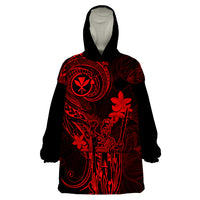 Hawaii Wearable Blanket Hoodie King Kamehameha Mix Polynesian Plumeria Red Version - Wonder Print Shop