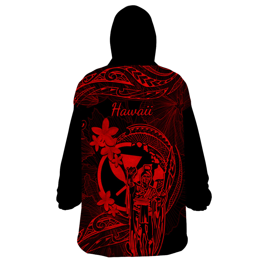 Hawaii Wearable Blanket Hoodie King Kamehameha Mix Polynesian Plumeria Red Version - Wonder Print Shop