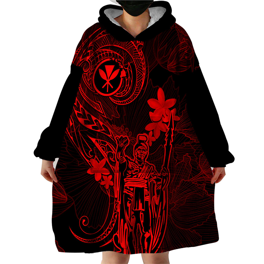 Hawaii Wearable Blanket Hoodie King Kamehameha Mix Polynesian Plumeria Red Version - Wonder Print Shop