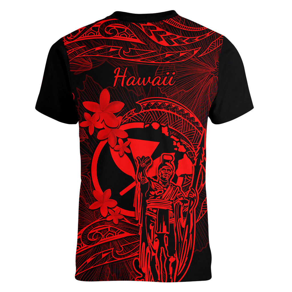 Hawaii Women V Neck T Shirt King Kamehameha Mix Polynesian Plumeria Red Version - Wonder Print Shop