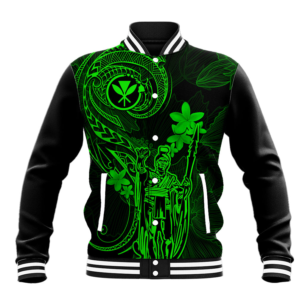Hawaii Baseball Jacket King Kamehameha Mix Polynesian Plumeria Green Version - Wonder Print Shop