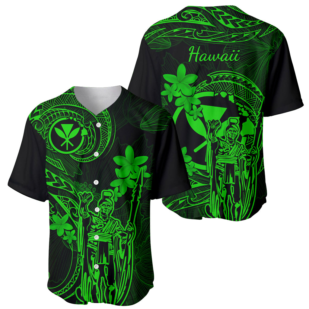 Hawaii Baseball Jersey King Kamehameha Mix Polynesian Plumeria Green Version - Wonder Print Shop