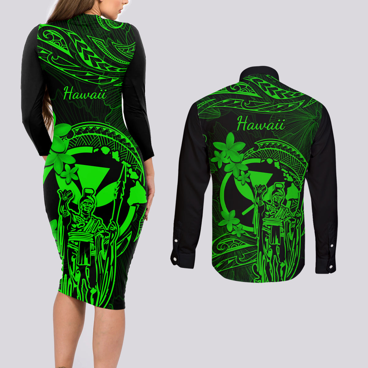 Hawaii Couples Matching Long Sleeve Bodycon Dress and Long Sleeve Button Shirts King Kamehameha Mix Polynesian Plumeria Green Version - Wonder Print Shop