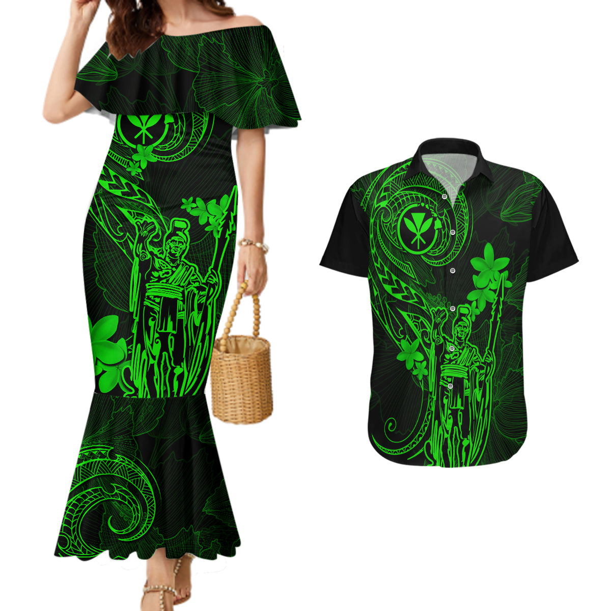 Hawaii Couples Matching Mermaid Dress and Hawaiian Shirt King Kamehameha Mix Polynesian Plumeria Green Version - Wonder Print Shop