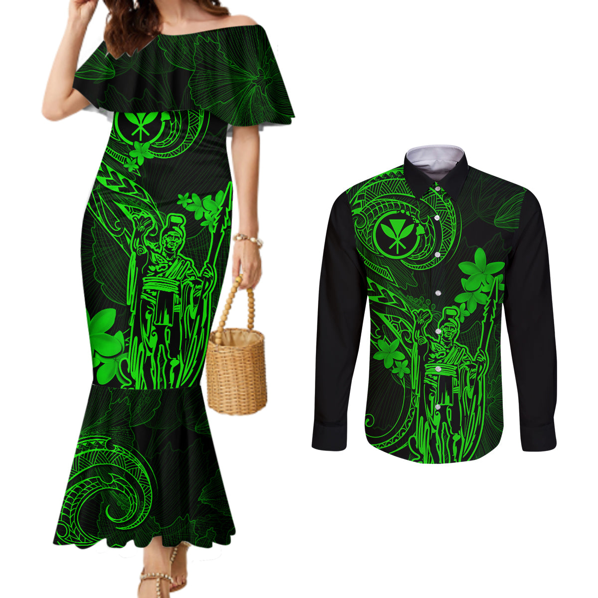 hawaii-couples-matching-mermaid-dress-and-long-sleeve-button-shirts-king-kamehameha-mix-polynesian-plumeria-green-version
