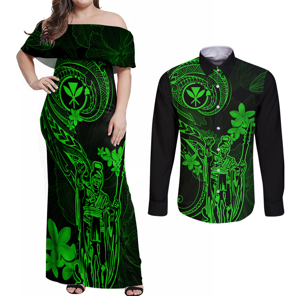 Hawaii Couples Matching Off Shoulder Maxi Dress and Long Sleeve Button Shirts King Kamehameha Mix Polynesian Plumeria Green Version - Wonder Print Shop