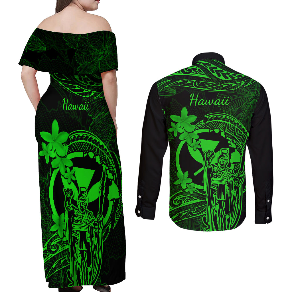 Hawaii Couples Matching Off Shoulder Maxi Dress and Long Sleeve Button Shirts King Kamehameha Mix Polynesian Plumeria Green Version - Wonder Print Shop