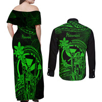 Hawaii Couples Matching Off Shoulder Maxi Dress and Long Sleeve Button Shirts King Kamehameha Mix Polynesian Plumeria Green Version - Wonder Print Shop