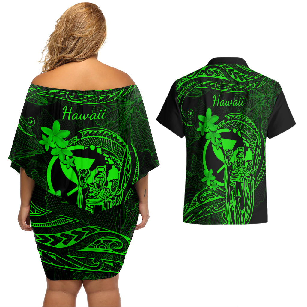 Hawaii Couples Matching Off Shoulder Short Dress and Hawaiian Shirt King Kamehameha Mix Polynesian Plumeria Green Version - Wonder Print Shop