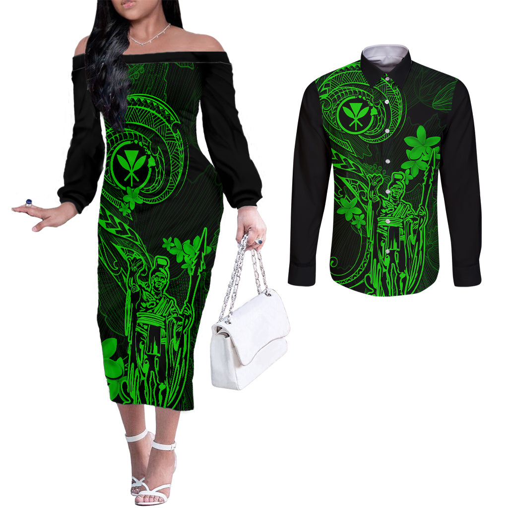 hawaii-couples-matching-off-the-shoulder-long-sleeve-dress-and-long-sleeve-button-shirts-king-kamehameha-mix-polynesian-plumeria-green-version