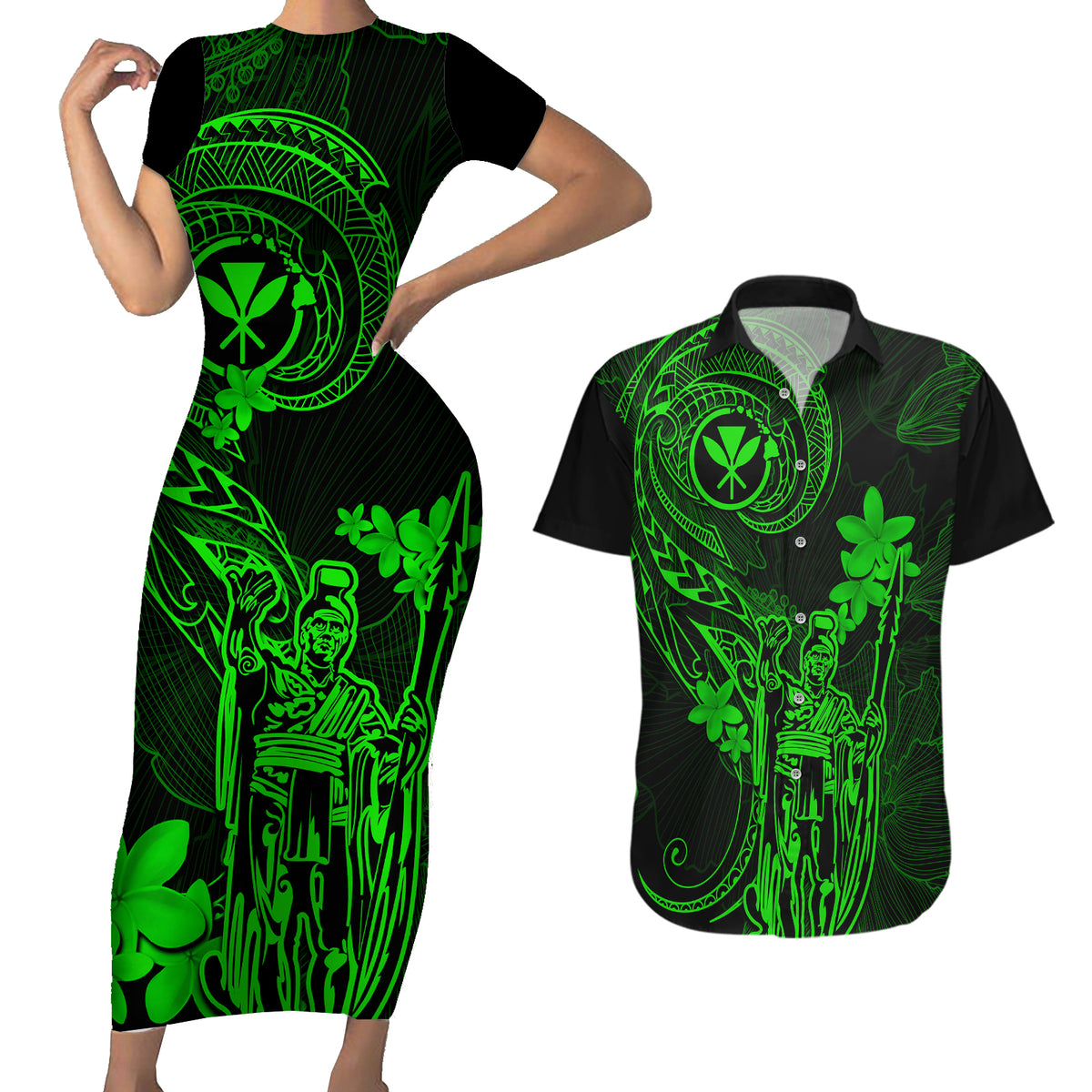 Hawaii Couples Matching Short Sleeve Bodycon Dress and Hawaiian Shirt King Kamehameha Mix Polynesian Plumeria Green Version - Wonder Print Shop