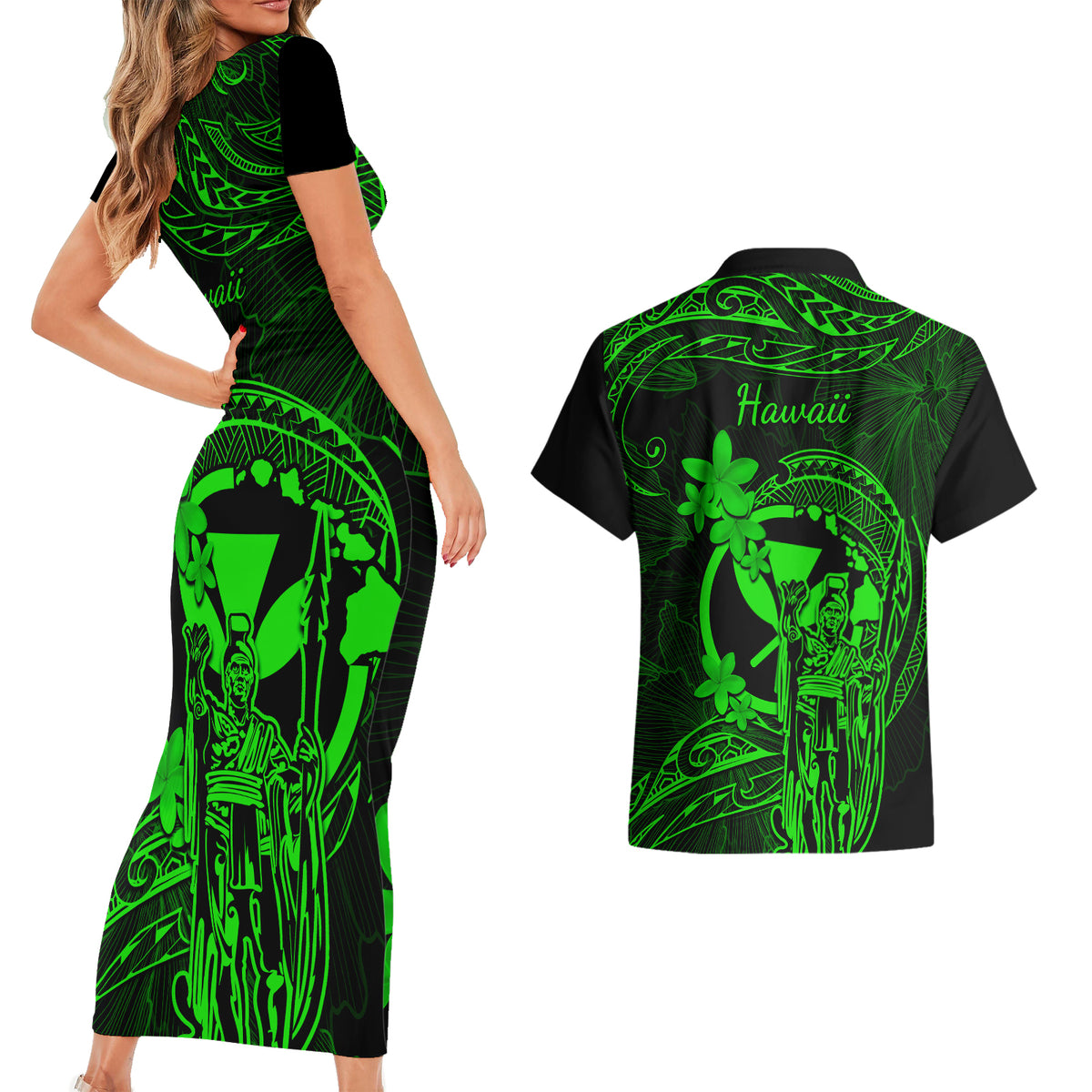 Hawaii Couples Matching Short Sleeve Bodycon Dress and Hawaiian Shirt King Kamehameha Mix Polynesian Plumeria Green Version - Wonder Print Shop