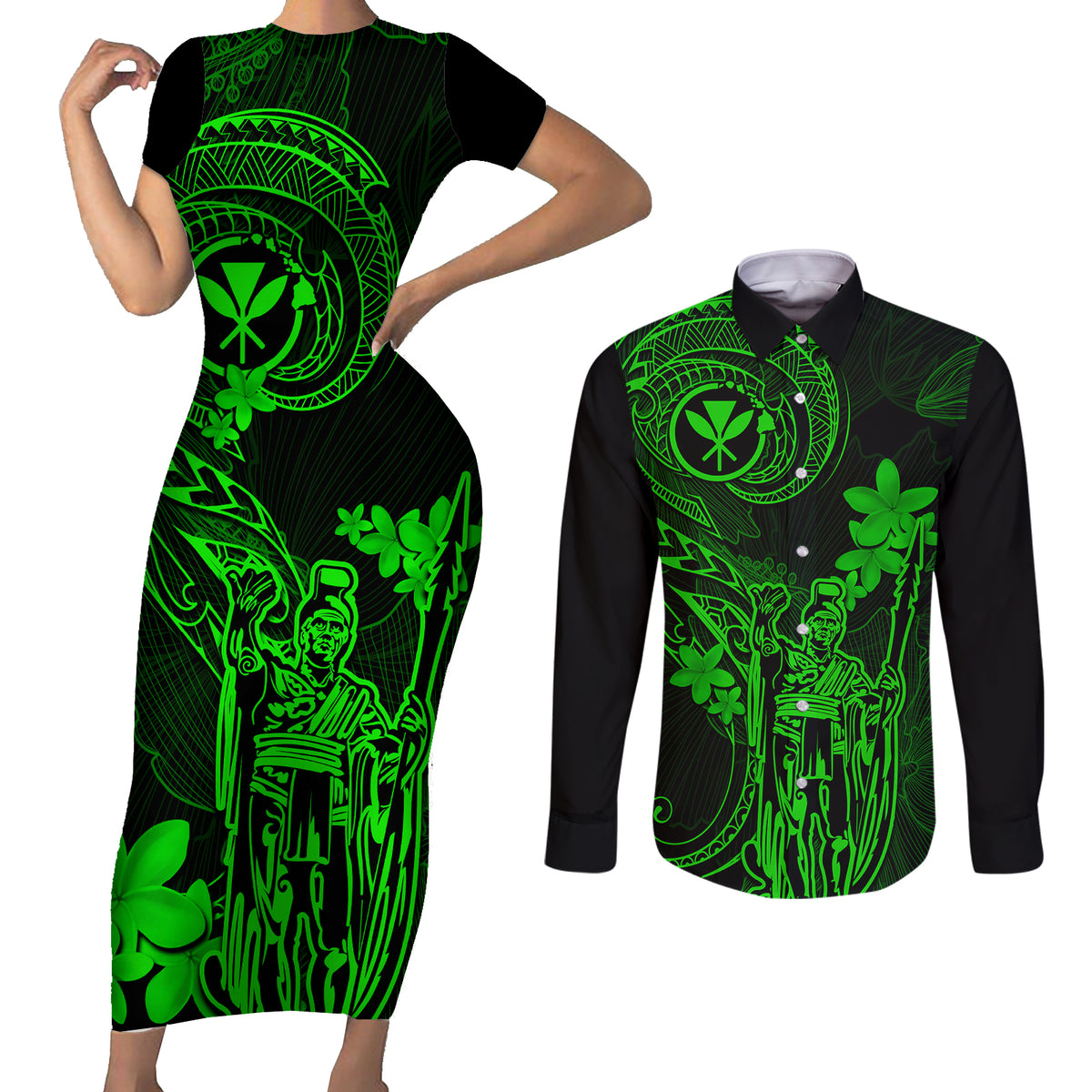Hawaii Couples Matching Short Sleeve Bodycon Dress and Long Sleeve Button Shirts King Kamehameha Mix Polynesian Plumeria Green Version - Wonder Print Shop