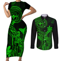 Hawaii Couples Matching Short Sleeve Bodycon Dress and Long Sleeve Button Shirts King Kamehameha Mix Polynesian Plumeria Green Version - Wonder Print Shop
