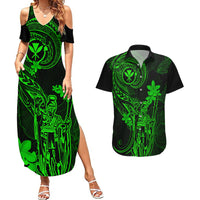 Hawaii Couples Matching Summer Maxi Dress and Hawaiian Shirt King Kamehameha Mix Polynesian Plumeria Green Version - Wonder Print Shop