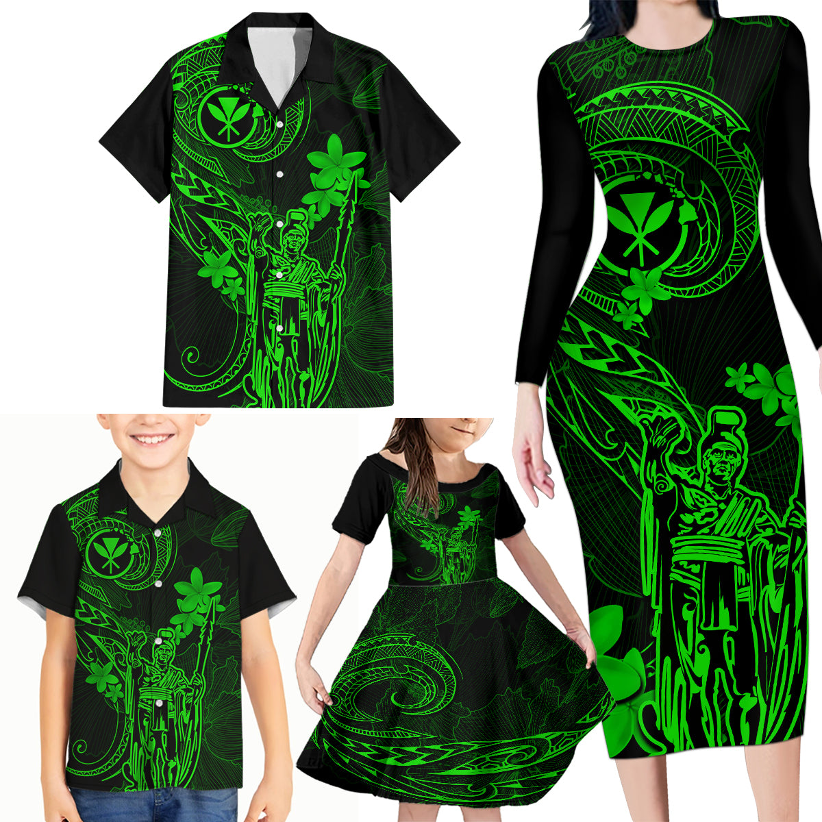 Hawaii Family Matching Long Sleeve Bodycon Dress and Hawaiian Shirt King Kamehameha Mix Polynesian Plumeria Green Version - Wonder Print Shop