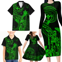 Hawaii Family Matching Long Sleeve Bodycon Dress and Hawaiian Shirt King Kamehameha Mix Polynesian Plumeria Green Version - Wonder Print Shop